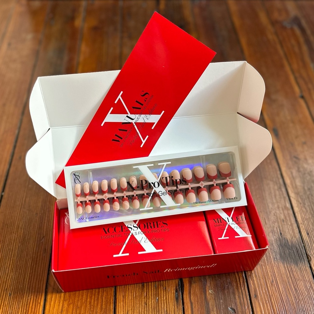 NEW SXC Cosmetics X-Pro Tips French Tip Press ons - French Red Edition XS Square